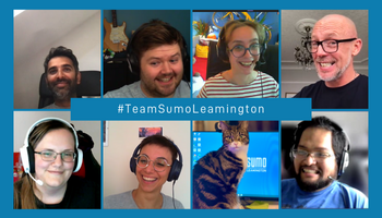 A collage of 7 smiling people and 1 cat, with the text #TeamSumoLeamington